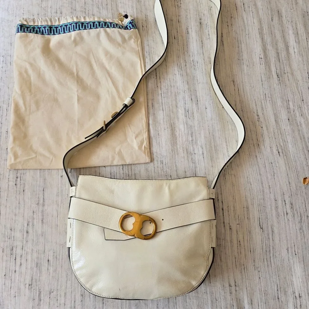 Tory Burch Gemini Cream Patent Leather Crossbody Bag with Gold Accents